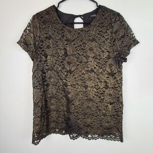 BANANA REPUBLIC Factory Women Short Sleeve Lace Overlay Top Medium Gold‎ Black